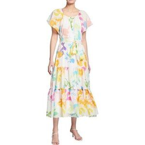 Tanya Taylor Ella Printed Dress Silk Rainbow Short Sleeve Midi Size 2 Repair •